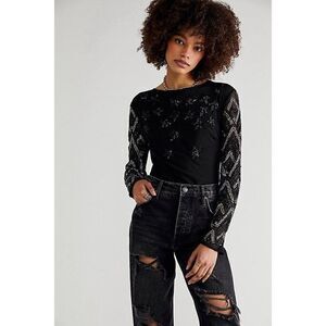 NWT FREE PEOPLE Sz M STARGAZER BODYSUIT SEQUIN EMBELLISHED MESH IN BLACK